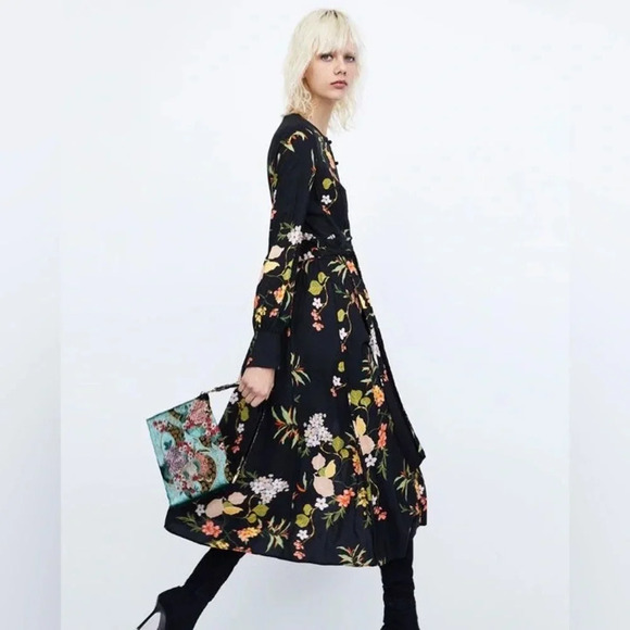 ZARA Black Floral Print Button Down Flowy Cottagecore Maxi Dress Size S - Picture 2 of 14